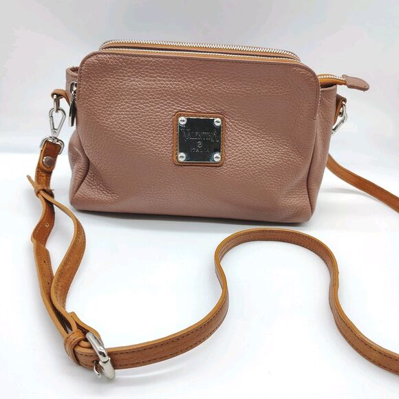 Valentina Taupe Tan Pebbled Leather Shoulder Bag Crossbody Purse Neutral Italy - Picture 1 of 16